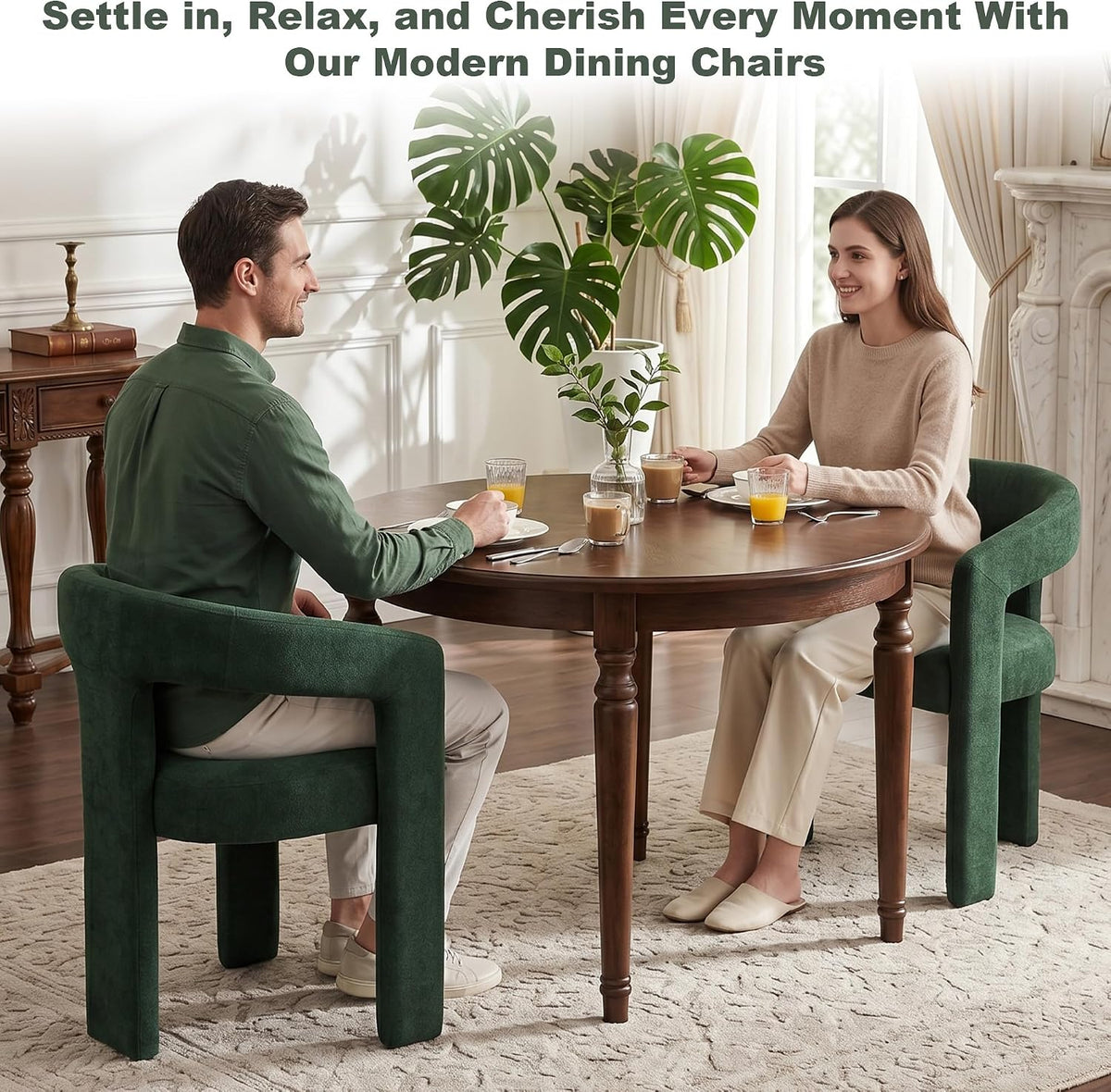 GNIXUU Green Barrel Dining Chair Set of 4, Modern Boucle Upholstered Dining Room Chairs with Arms and Backrest, Comfy Accent Side Chair for Kitchen, Living Room