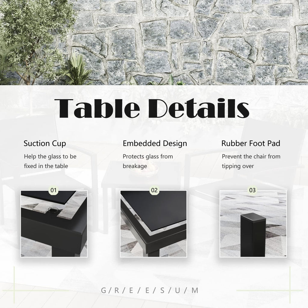 Greesum 3 Pieces Patio Furniture Set Outdoor Conversation Textilene Fabric Chairs for Lawn, Garden, Balcony, Poolside with A Glass Coffee Table, Black