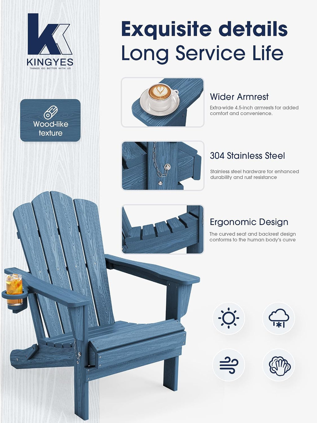 KINGYES Folding Adirondack Chair Set of 6 with Cup Holder, Navy