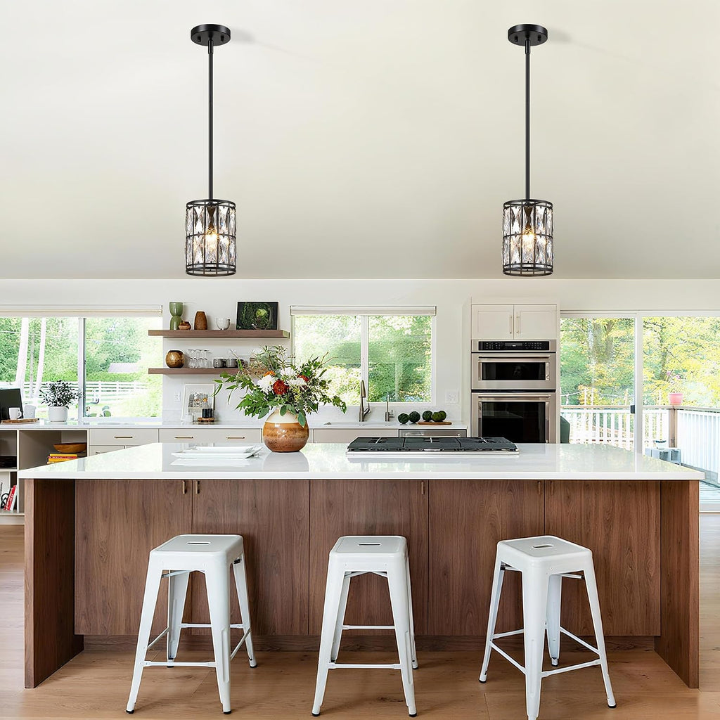 Modern Crystal Pendant Light Fixture 2-Pack Matte Black Finish Hanging Lighting Crystal Chandelier for Living Room, Kitchen