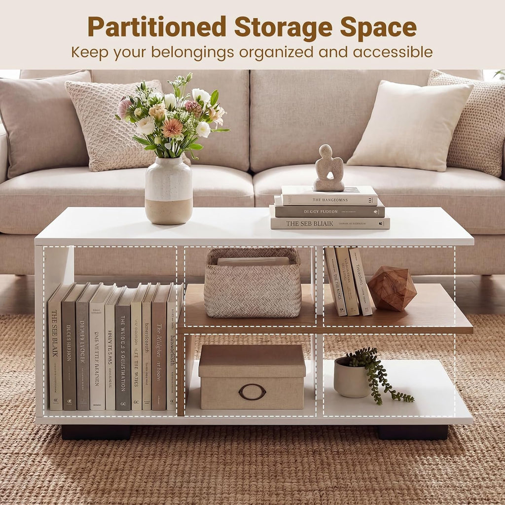 GOFLAME Rectangular Coffee Table for Living Room, 3-Tier Wood Center Table with Storage, L-Shaped Middle Shelf, Modern Accent Coffee Tables for Living Room, Reception Room, White & Natural