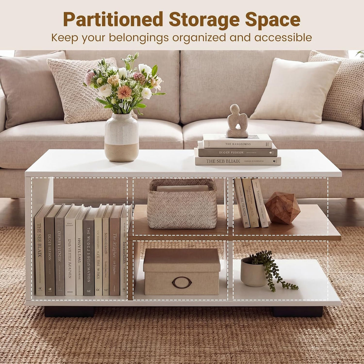 GOFLAME Rectangular Coffee Table for Living Room, 3-Tier Wood Center Table with Storage, L-Shaped Middle Shelf, Modern Accent Coffee Tables for Living Room, Reception Room, White & Natural