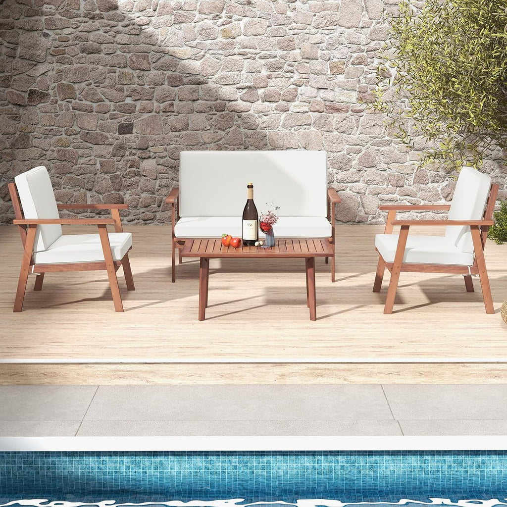 Tangkula 4 Piece Outdoor Conversation Set, Acacia Wood Sofa Set with Soft Seat & Back Cushions, Rectangle Coffee Table Patio Wood Furniture Set for Backyard, Poolside, Garden (1, Off White)