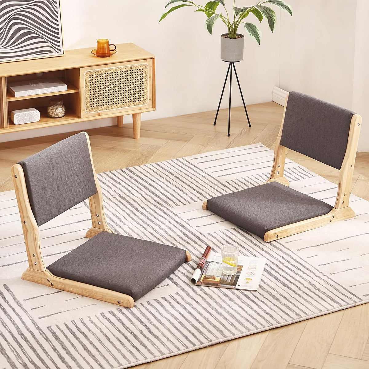Tiita 2-Pack Foldable Meditation Floor Chairs, Back Support, Wood Dark Grey