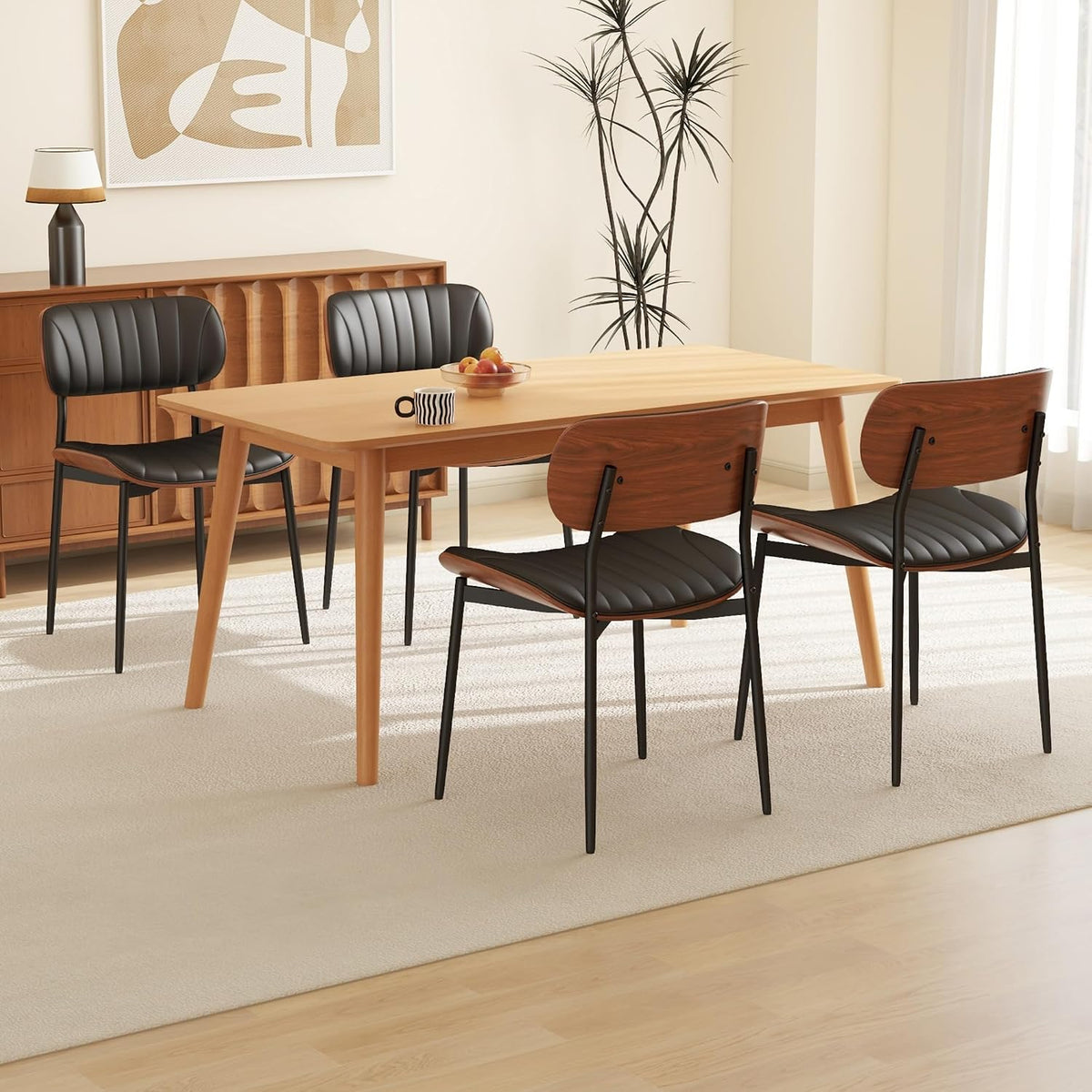 PU Leather Dining Chairs Set of 2 with Walnut Bentwood, Black