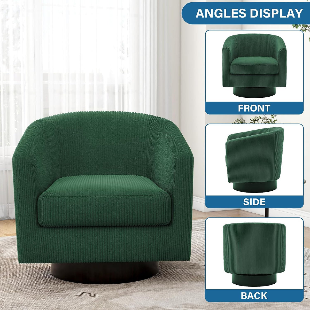 Swivel Barrel Chairs Set of 4, Corduroy Accent Chair, Dark Green