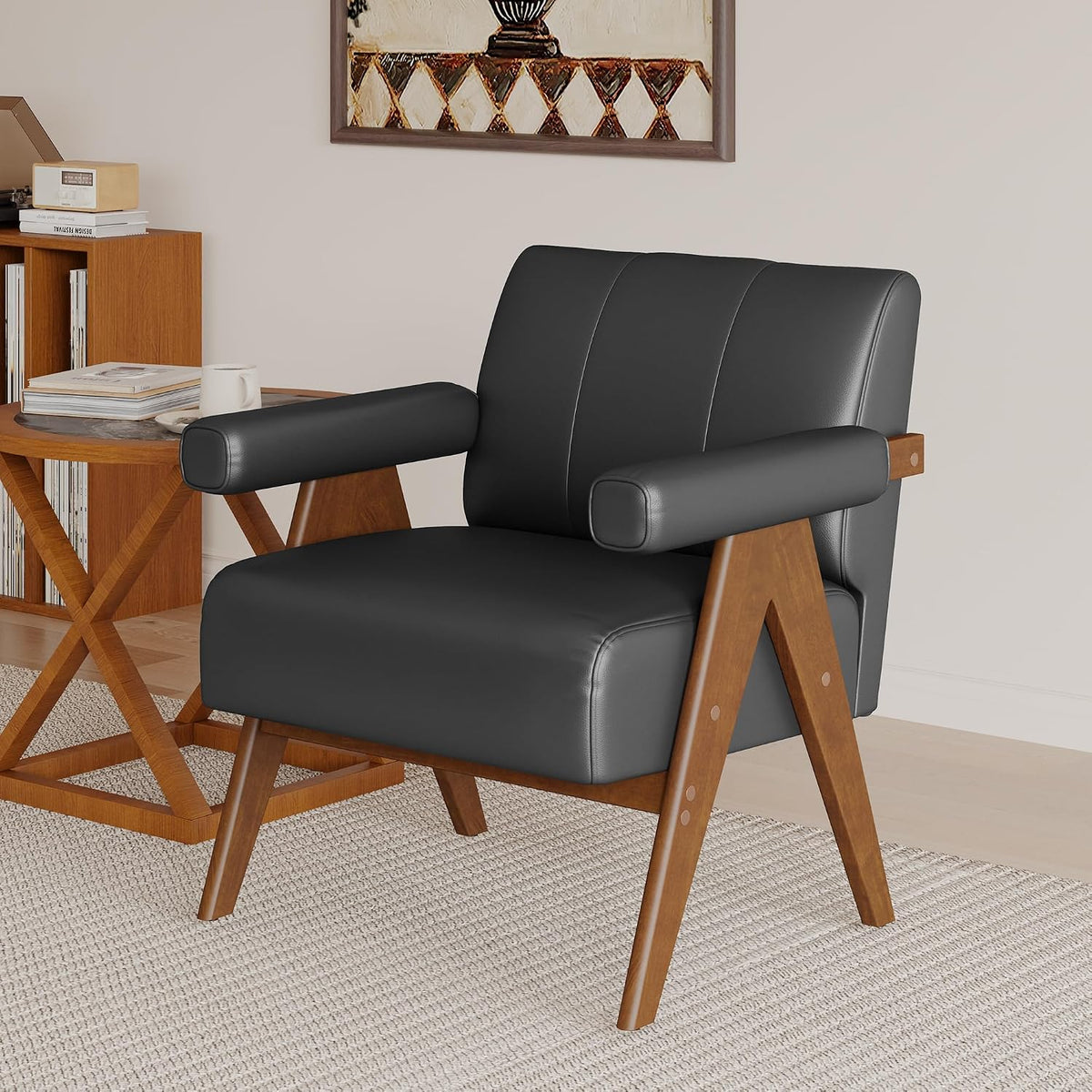 JIASTING Mid Century Modern Accent Chair Set of 2, Black Leather Armchair