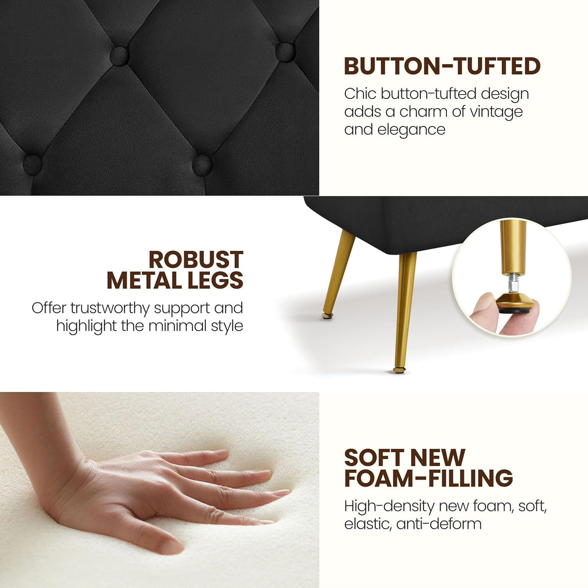 Yaheetech 45in Upholstered Velvet Ottoman Bench Seat with Gold Legs, Black