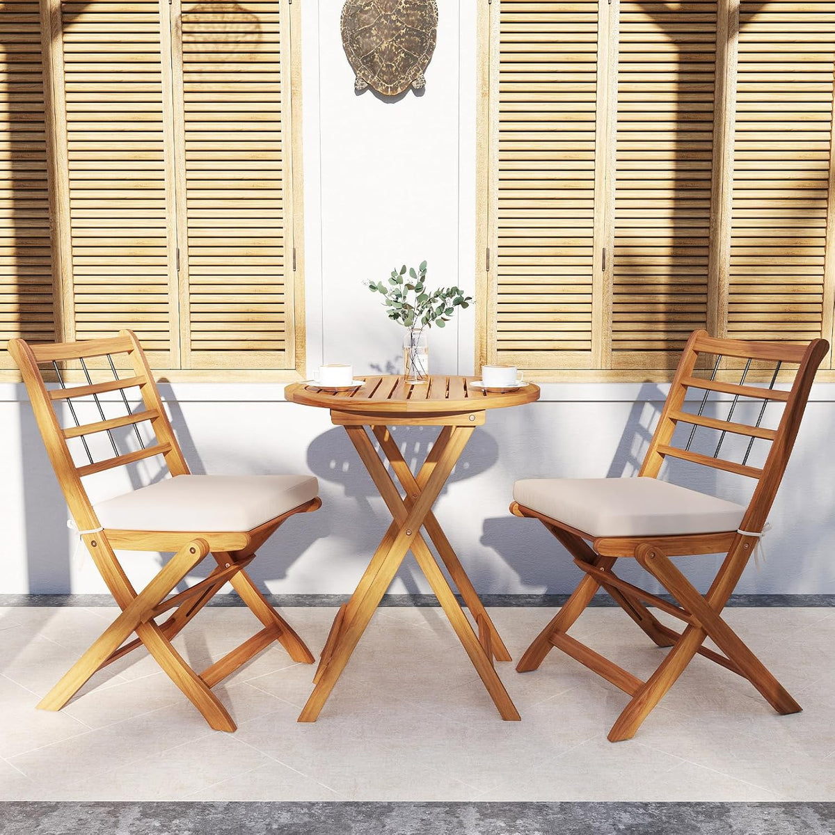 Tangkula 3 Piece Patio Wood Bistro Set, Folding Table Chair Set w/Soft Seat Cushions, Acacia Wood Frame, High-Back Portable Chairs w/Table for Backyard, Poolside (Off White)