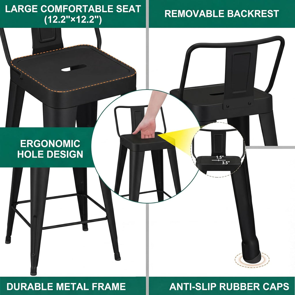 WENTMENT Metal Bar Stools Set of 4 Counter Height Black Barstools with Removable Back 24" Kitchen Bar Stools