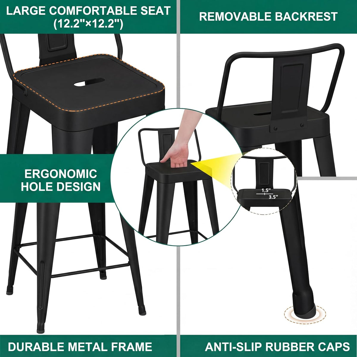 WENTMENT Metal Bar Stools Set of 4 Counter Height Black Barstools with Removable Back 24" Kitchen Bar Stools