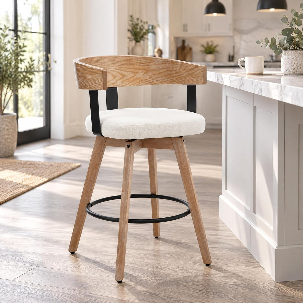 DUOMAY Swivel Bar Stools Set of 1, 26" Counter Height Counter Stool with Footrest Modern Wood Barstool with Linen Upholstered Seat for Kitchen Island Home Bar, White