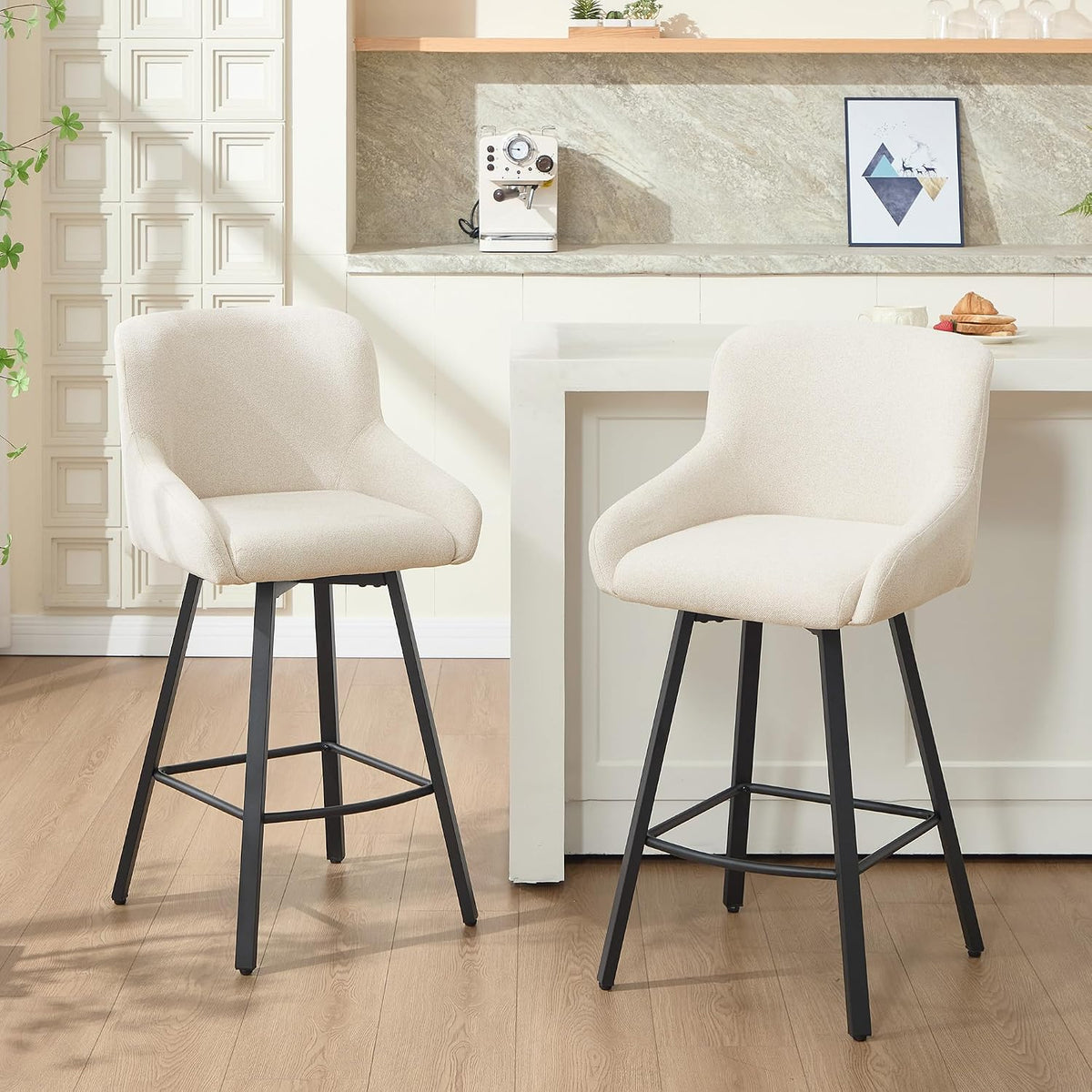 Swivel Bar Stools Set of 2, 26" Counter Height Barstools Beige