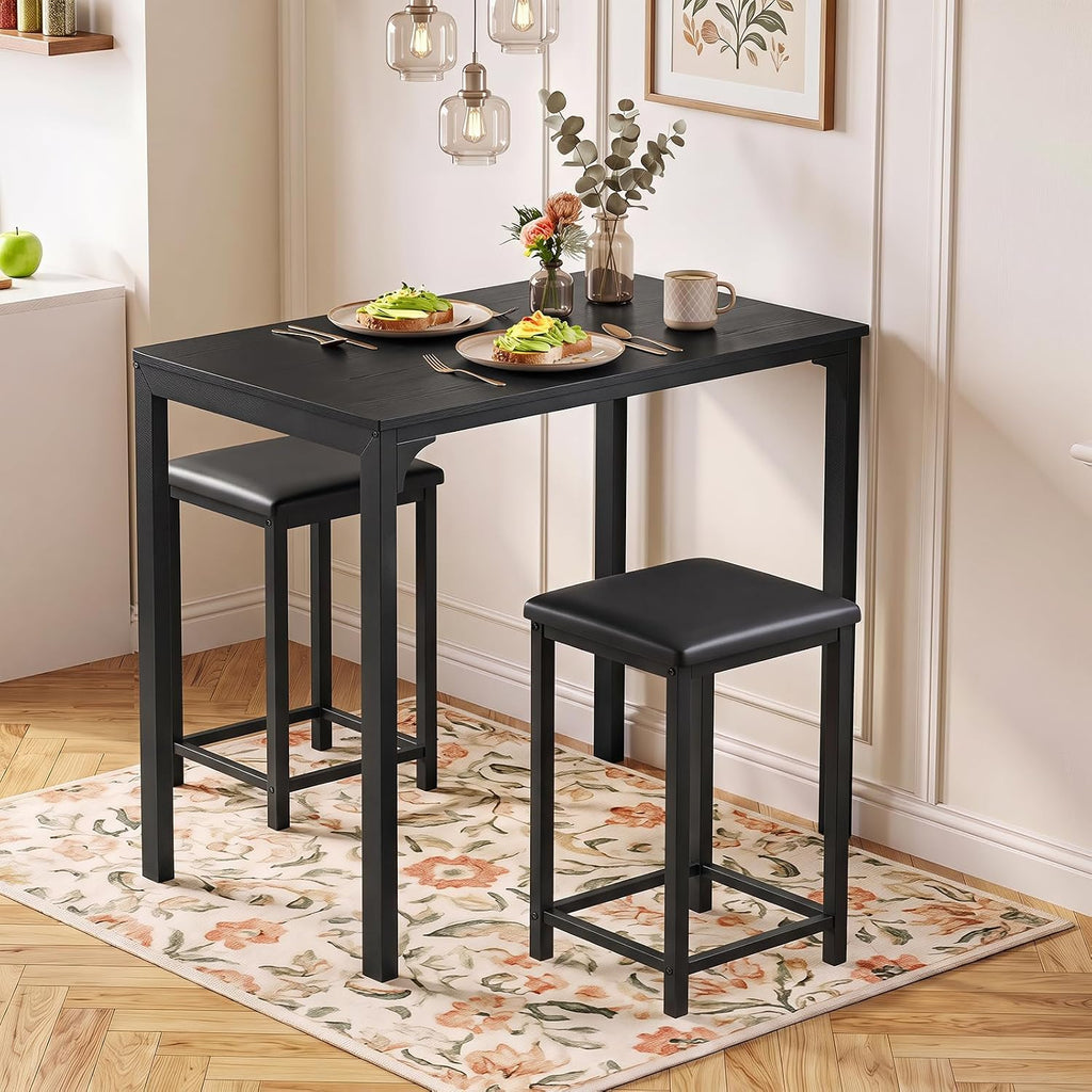 COSTWAY Dining Table Set, Counter Height Table & 2 Upholstered Stools