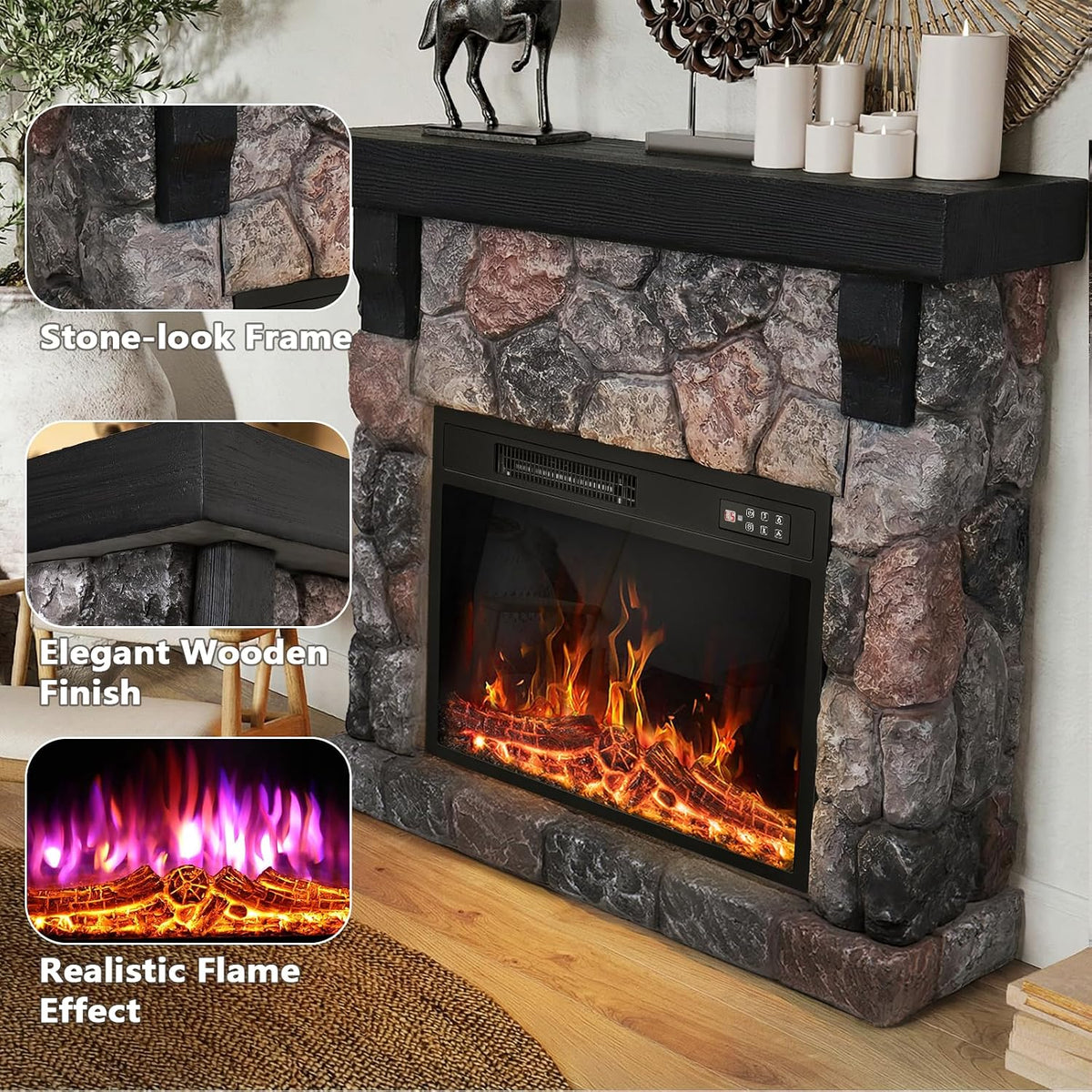36inch Electric Fireplace with Mantel, Stone Fireplace Heater