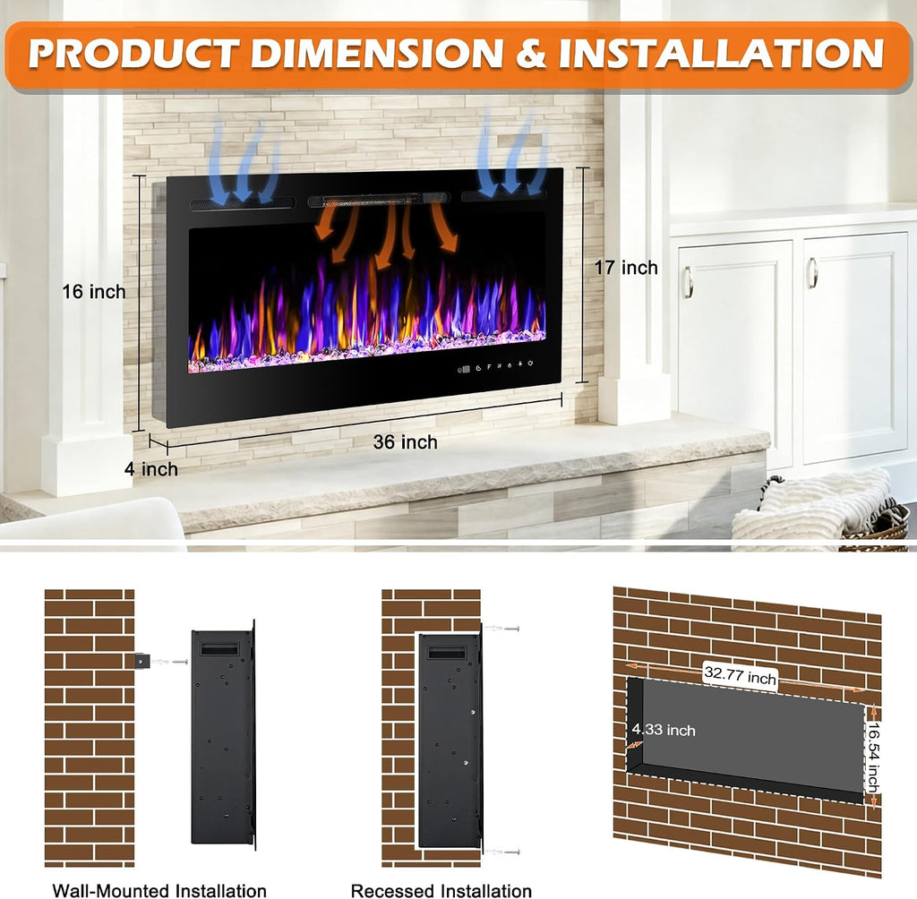 36" Electric Fireplace Wall Mounted and Recessed 750/1500w W/Remote Control