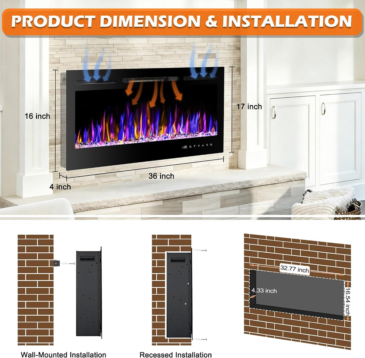 36" Electric Fireplace Wall Mounted and Recessed 750/1500w W/Remote Control