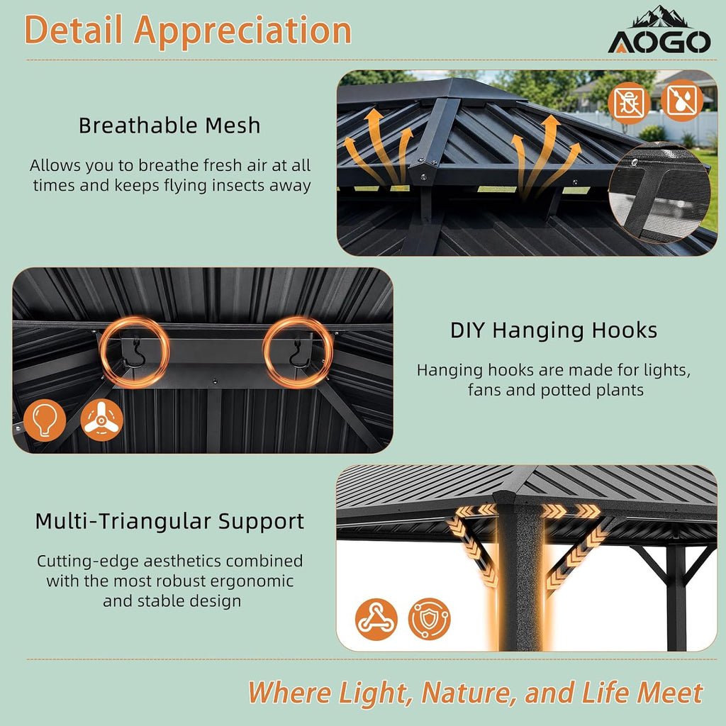 Gazebo Outdoor Gazebos, Hardtop Grill Gazebo Aluminum Galvanized Steel Double Roof Outdoor Gazebos, Pergola Include Curtain and Netting for Backyard, Patio, Lawn