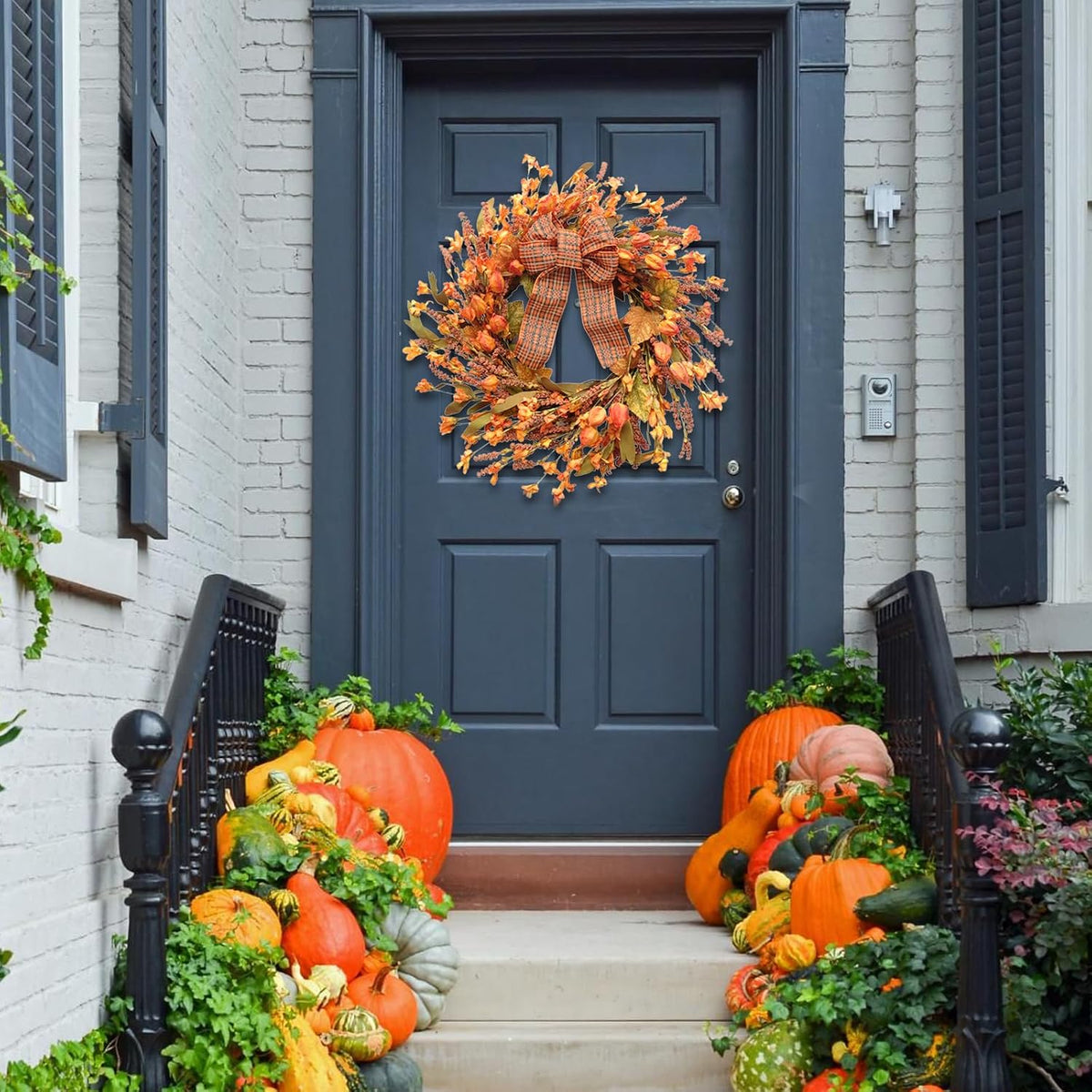 Idyllic 18 Inches Artificial Fall Wreath, Autumn Decoration with Berries & Leaves, Thanksgiving Harvest Front Door Wreath for Home Farmhouse Halloween Thanksgiving Day Festival Celebration Decor