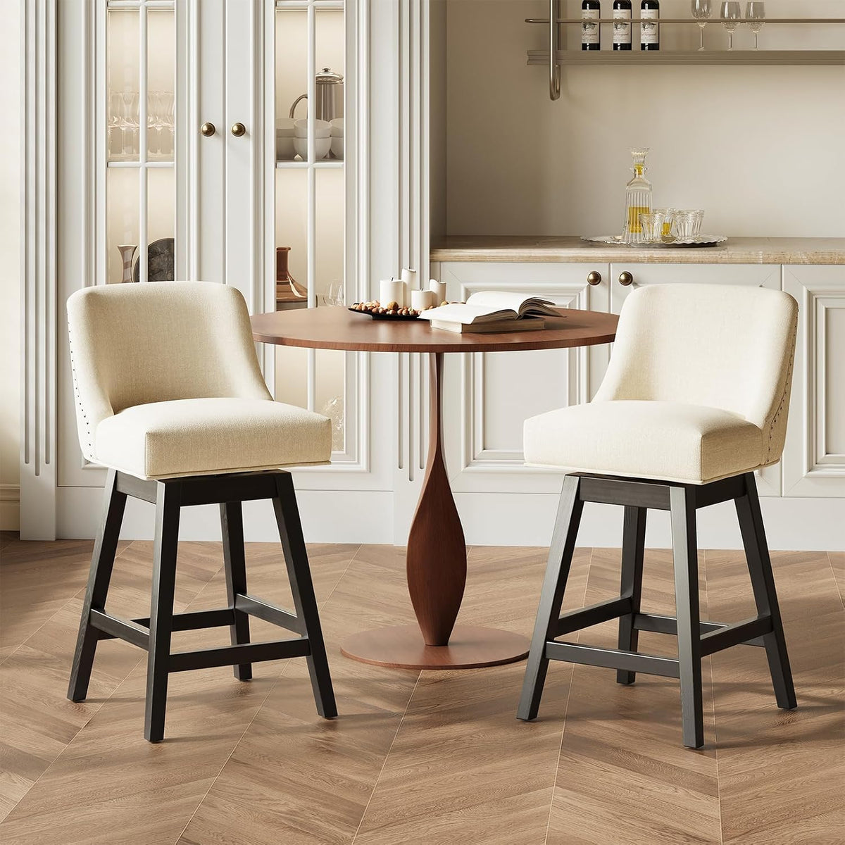 MALOL 27" Swivel Bar Stools Set of 3, Upholstered Barstools with Padded Seats and Solid Wood Legs, Counter Height Kitchen Stools for Kitchen Island, Breakfast Nook, Beige