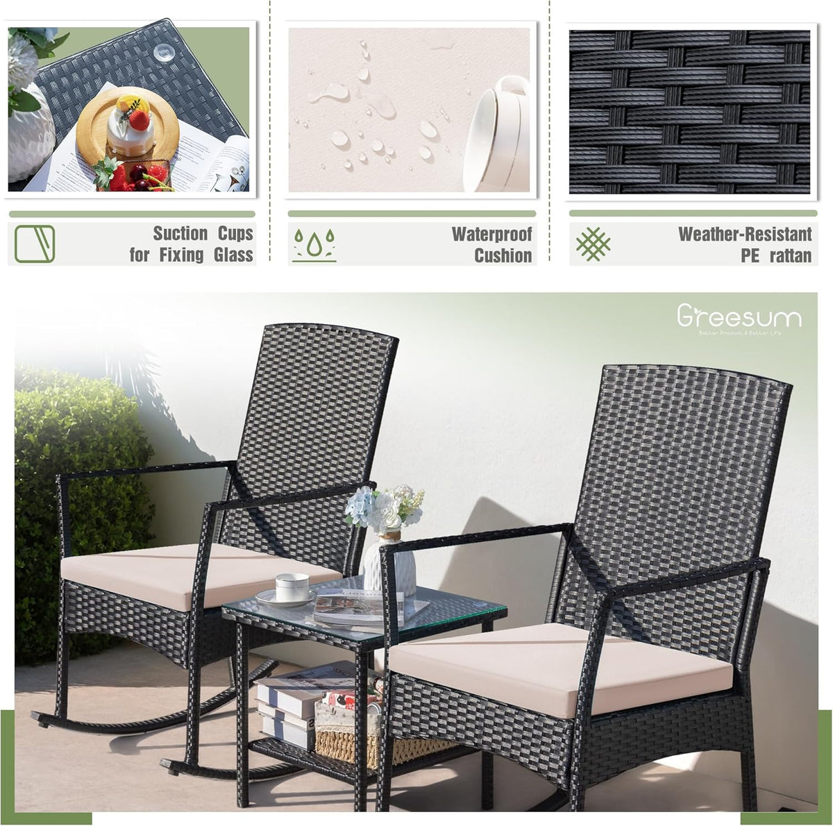 greesum 3 pieces patio furniture set outdoor wicker on a desk or shelf