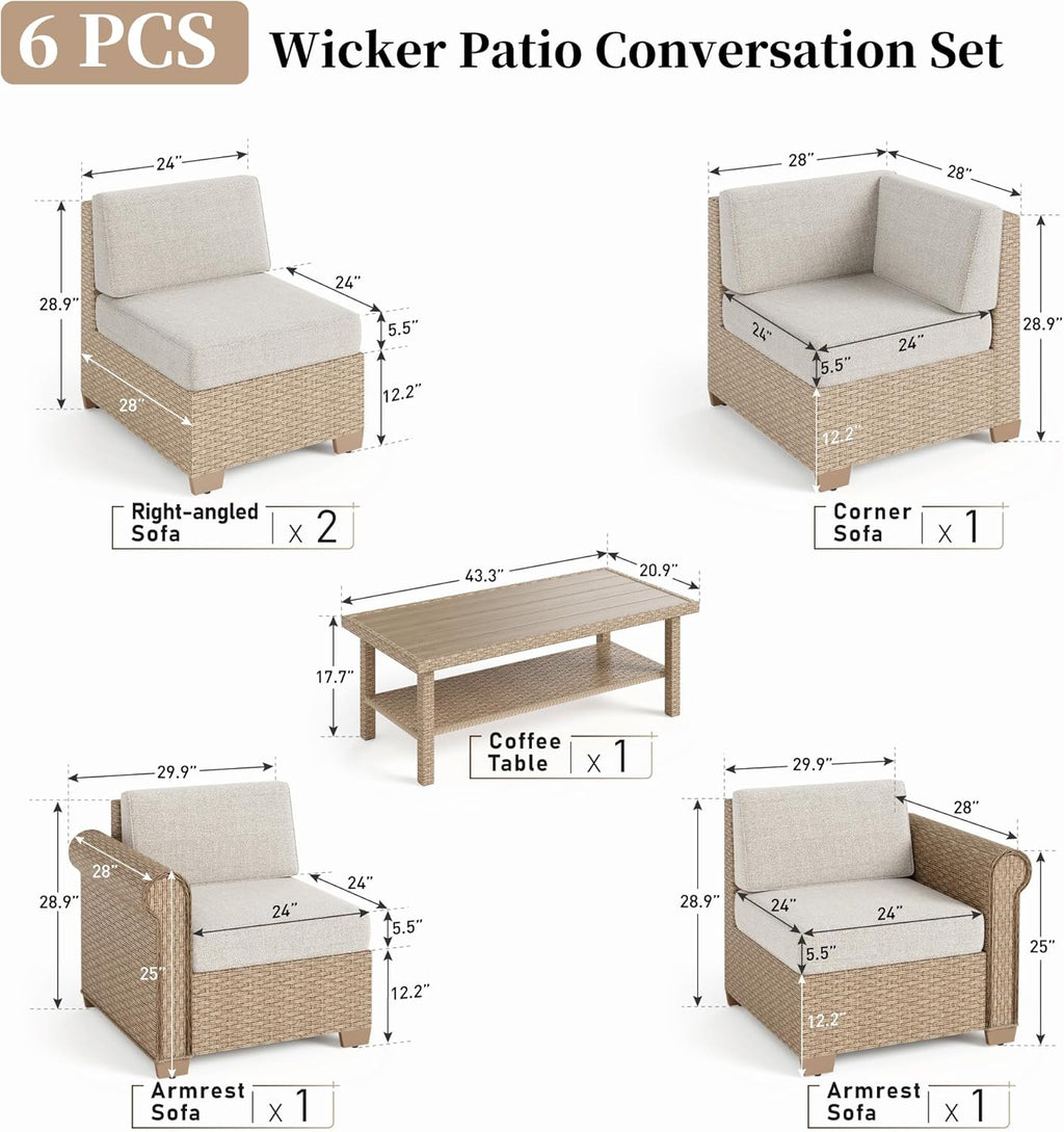 SUNSHINE VALLEY, 6 Piece, 5-Seats, Wicker, Patio Conversation Set, Beige