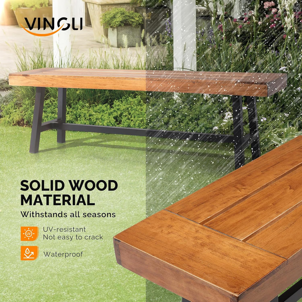 VINGLI Outdoor Bench with Metal Legs Rustic, Wood Dining Bench Indoor Outdoor Porch Benches for Yard Garden Dining (63in)