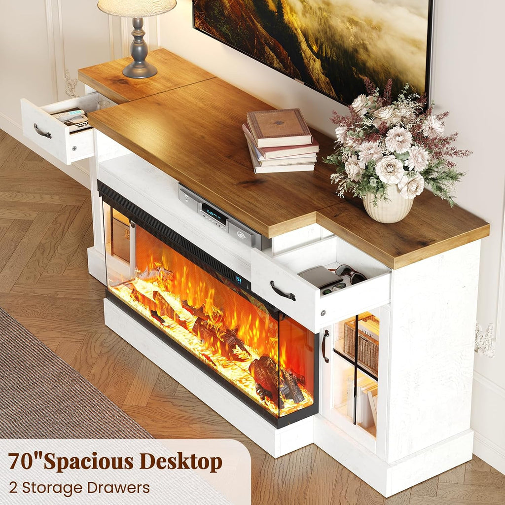 70" Fireplace TV Stand for TVs Up to 80" & Adjustable Shelves, White
