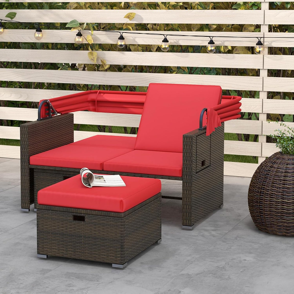 Moccha Outdoor Daybed with Retractable Canopy - Rattan Loveseat Sofa Set w/ Adjustable Backrests, 2 Folding Side Panels, Storage Ottomans, Double Bed Lounger for Garden Patio Furniture Set (Red)