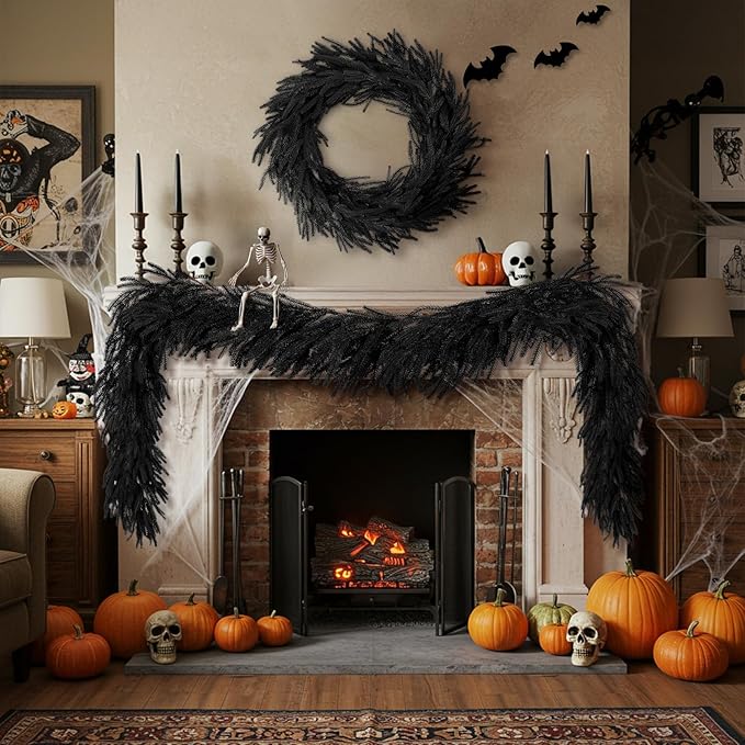 N&T NIETING 5.9FT Halloween Black Artificial Norfolk Pine Garland Real Touch Christmas Garlands Faux Garland for Table Mantle Holiday Fireplace Indoor Outdoor Christmas Halloween Decorations
