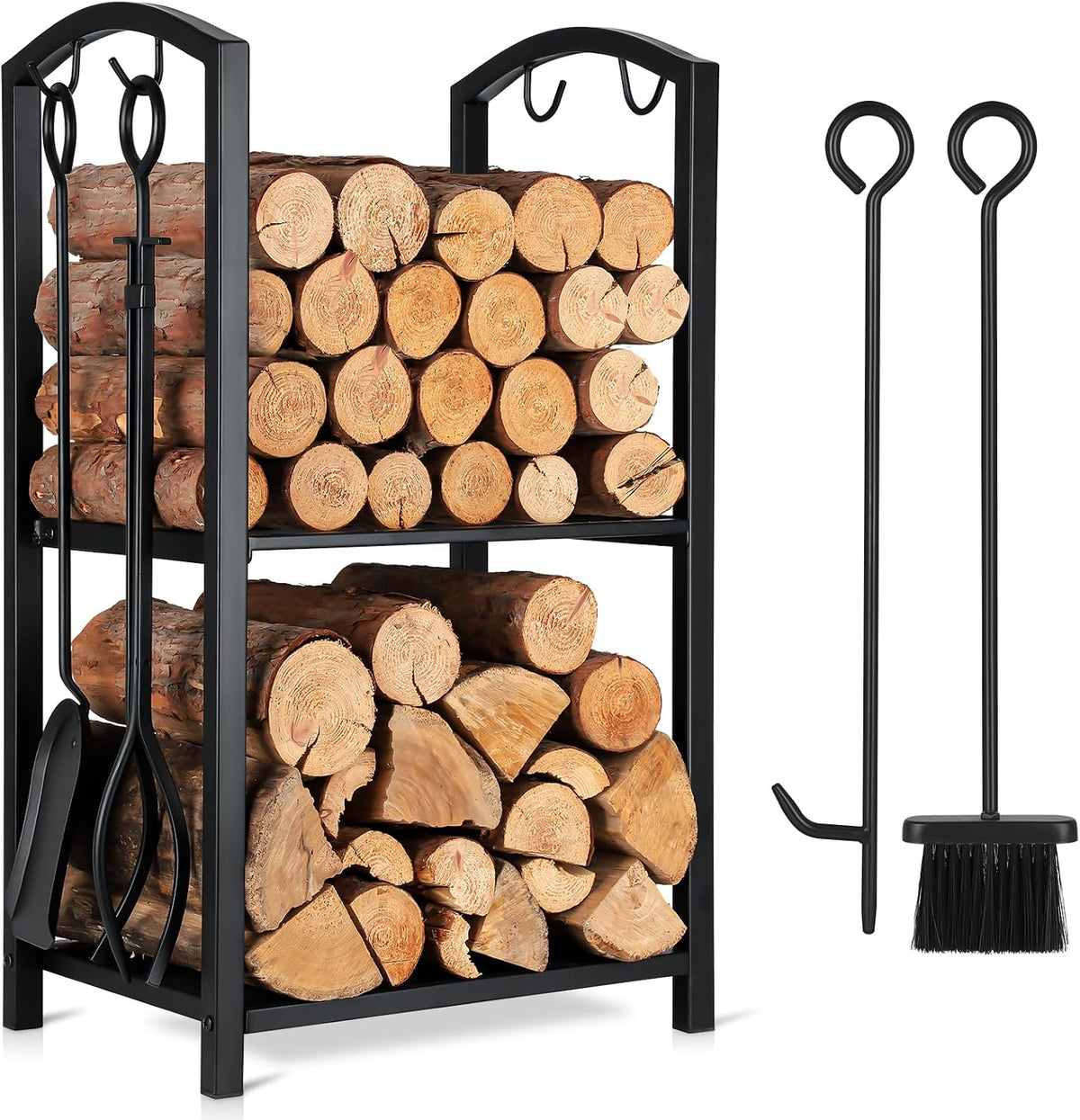 FEED GARDEN Firewood Rack Log Holder with 4-Piece Fireplace Tool Set, 29" H