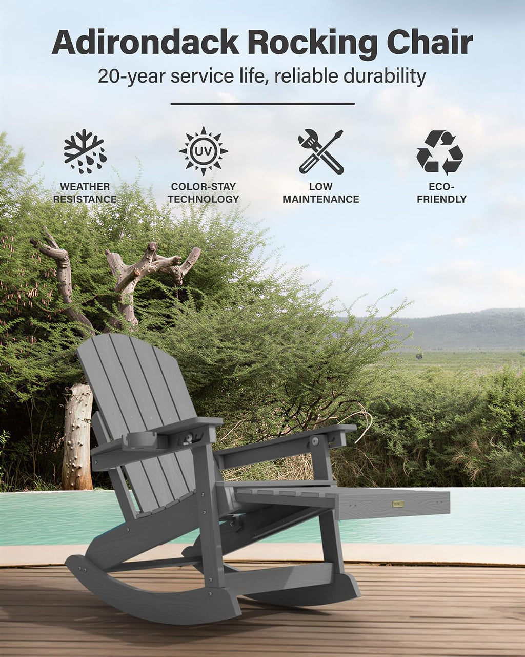 YEFU Adirondack Rocking Chairs, Adirondack Chair with Footrest, Grey
