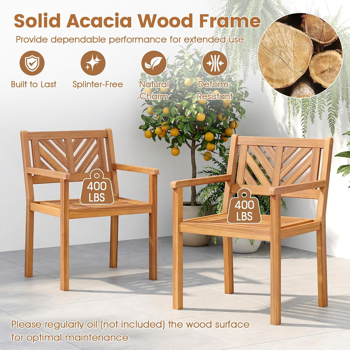 Tangkula Acacia Wood Patio Dining Chairs Set of 2