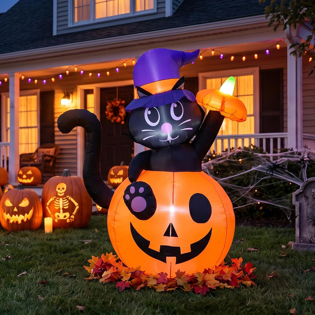 4.5FT Halloween Inflatable Black Cat with Pumpkin Outdoor Decorations, Blow Up Black Cat Yard Decor with Built-in LEDs for Garden Lawn Party Holiday Display