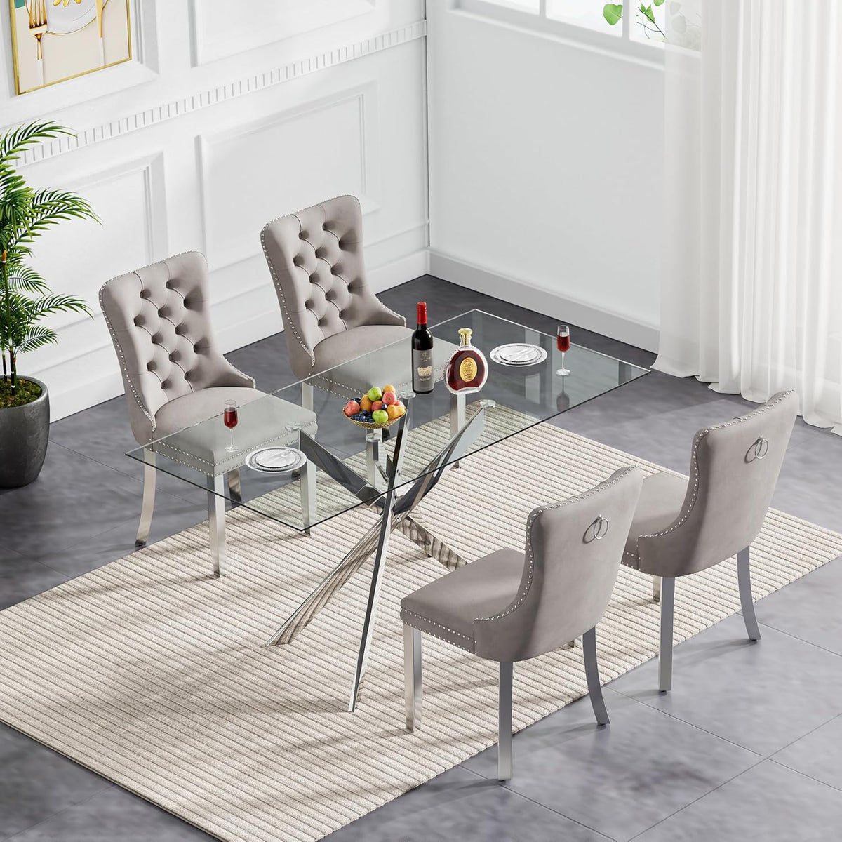 SSLine Modern 5-Piece Silver Glass Dining Table Set for 4, 51" Long Rectangle Glass Kitchen Table with 4 Grey Tufted Chairs for Kitchen Home Office