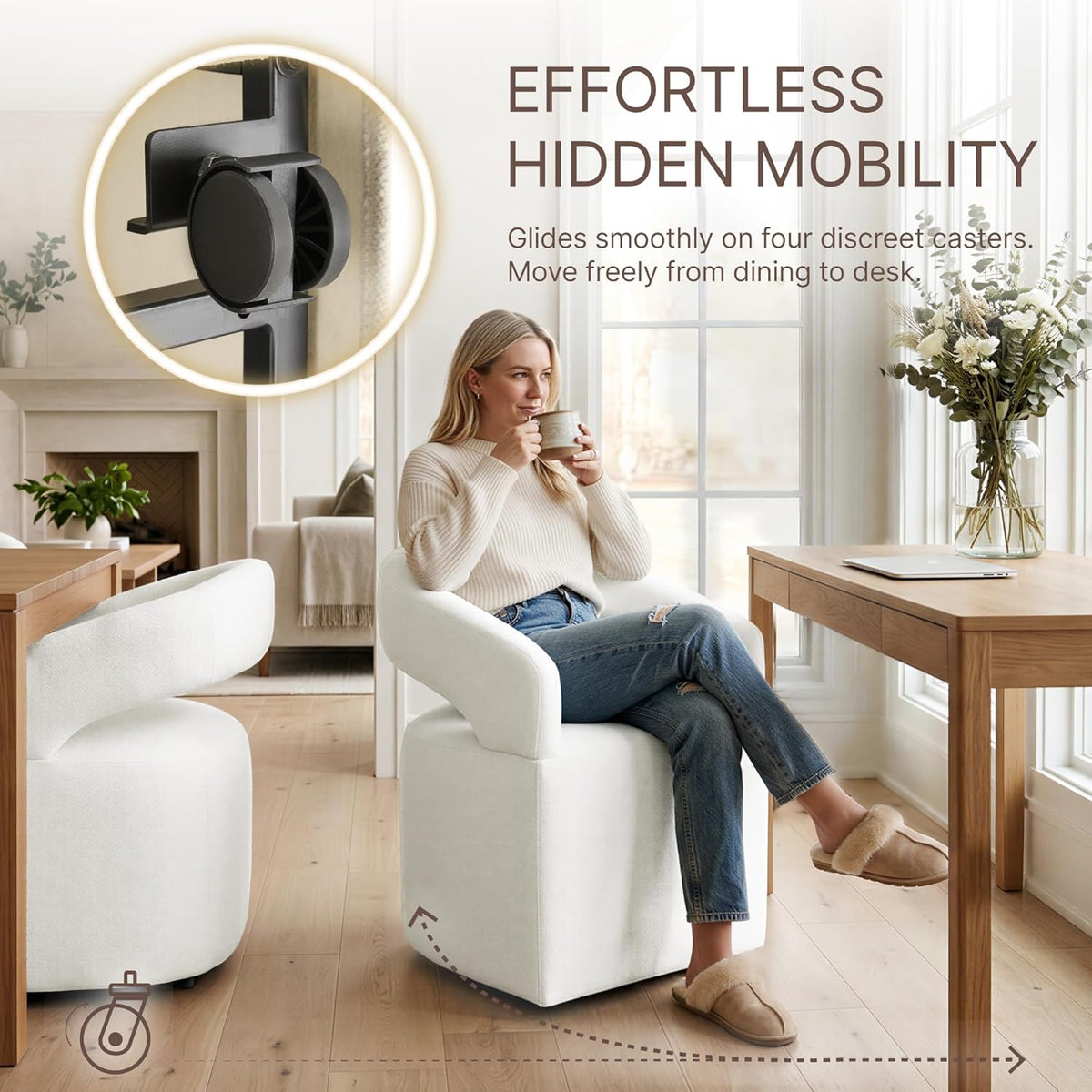 KISLOT Upholstered Dining Chairs Set of 4, Modern Arm Kitchen & Dining Room Chairs with Hidden Casters, Linen Fabric Padded Rolling Chairs, Sturdy Wood Frame, 300 lbs Capacity, Ivory White