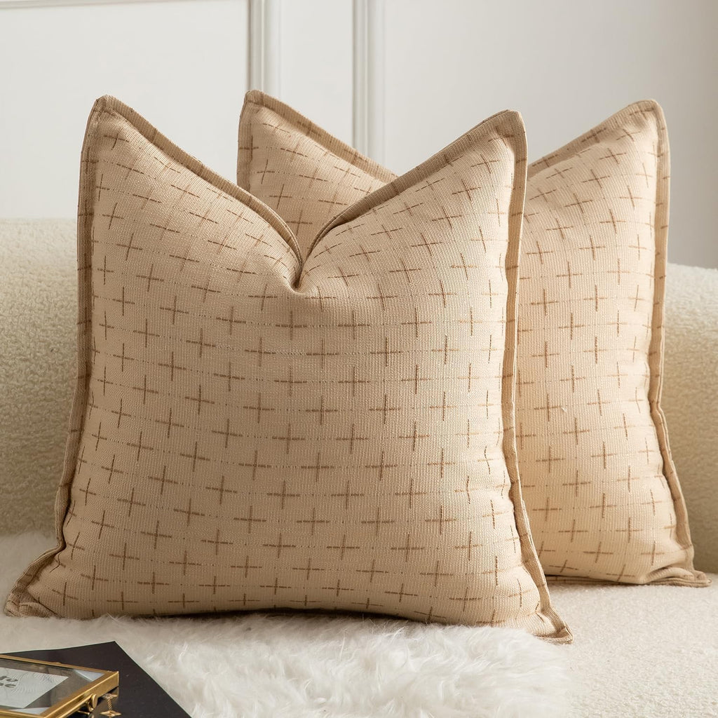 MANDIOO Pack of 2 Burlap Linen Throw Pillow Covers Woven Textured Modern Farmhouse Cushion Covers Pillowcase Decorative Couch Sofa Bed Living Room 26 x 26 Inch Beige