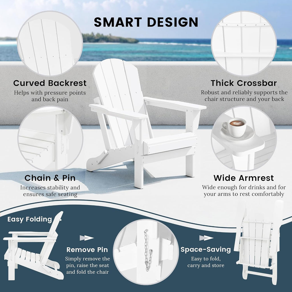 WO Home Furniture Laguna Folding Adirondack Chairs Set of 2, HDPE Patio Chair, All Weather Use Fire Pit Chair for Outdoor Garden, Backyard, Deck, Pool, White
