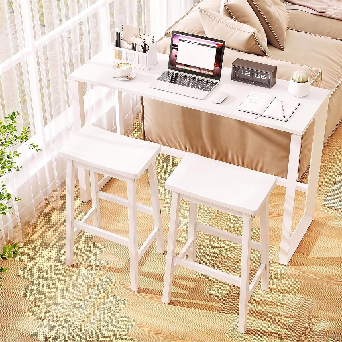 COSTWAY 29-inch Solid Wood Saddle Stools Set of 2 with Footrests, White