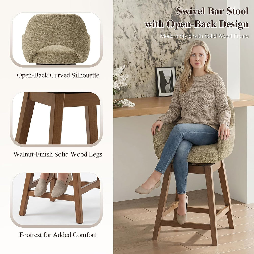 Swivel Bar Stools Set of 2, Modern Fabric Upholstered Counter Height Stools w...