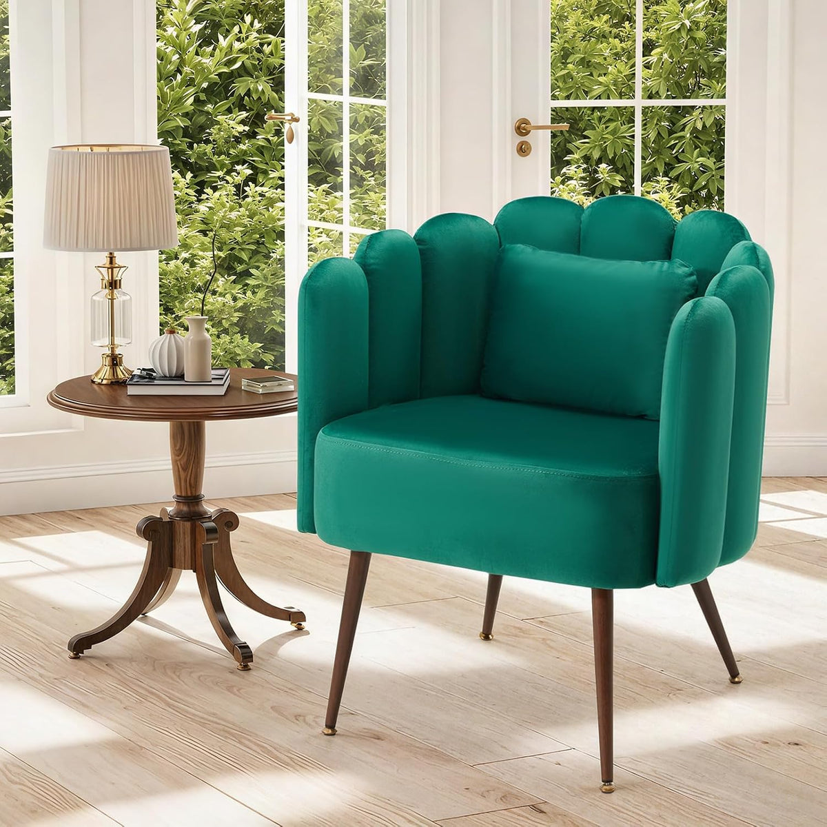 HOMREST Velvet Vanity Chair with Back,Mid-Century Modern Small Accent Chair for Living Room,Petal Backrest Decorative Chair,Pillow & Metal Legs-Plush Lounge Chair for Vanity,Living Room,Bedroom-Green