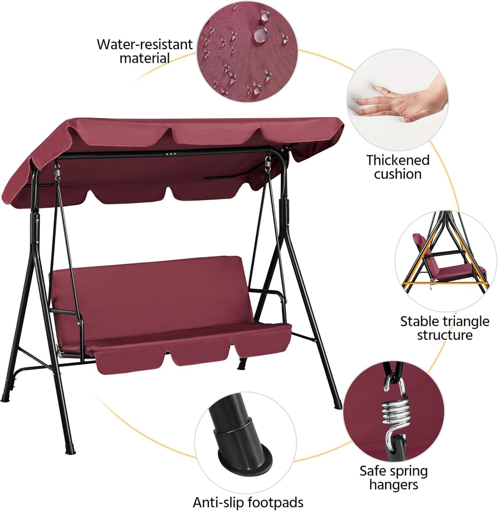Yaheetech 3-Seat Patio Swing Chair, Adjustable Canopy & Cushion, Burgundy