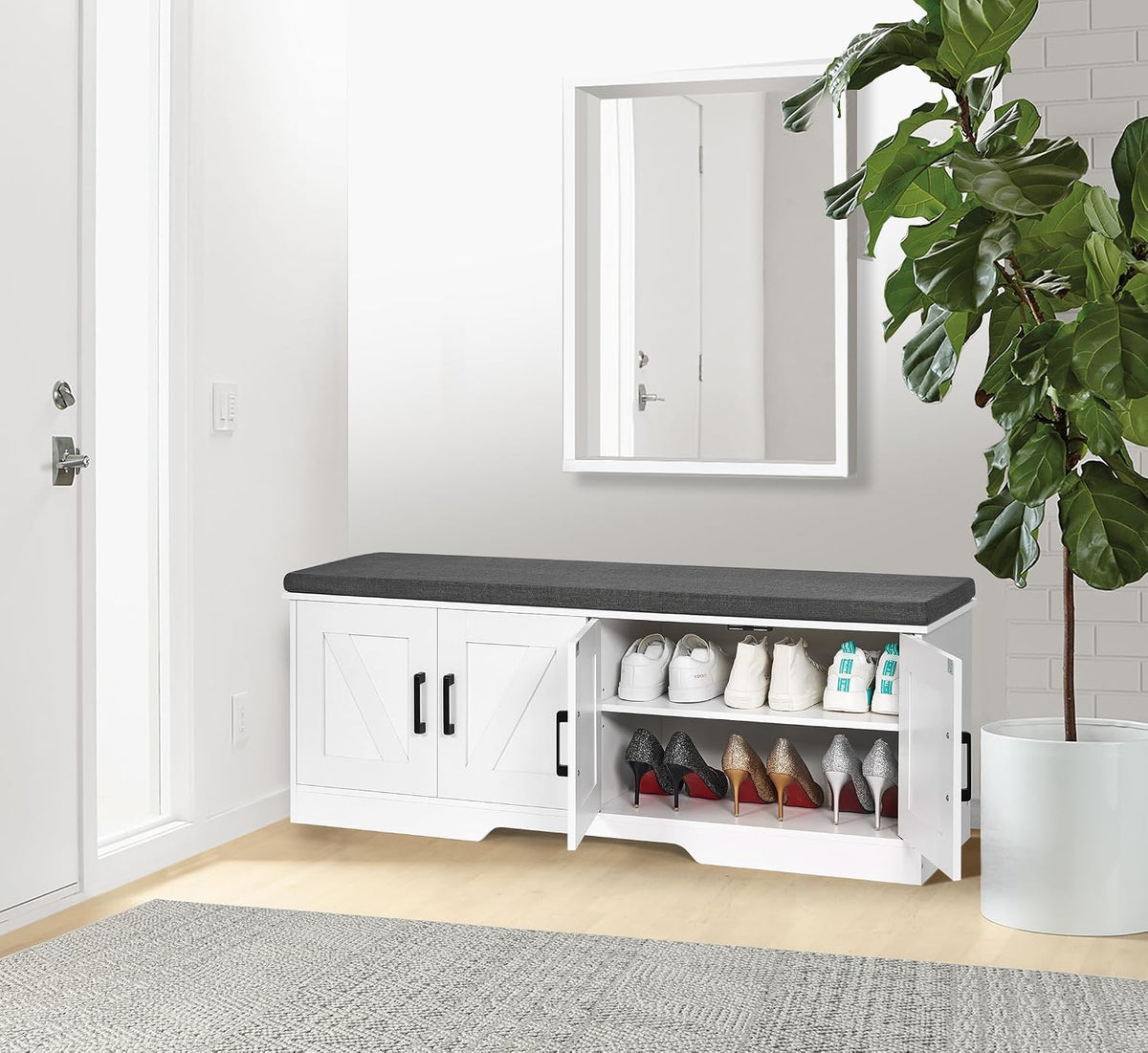 HOMSHO Farmhouse Shoe Storage Bench with 4 Barn Doors & Padded Seat Cushion