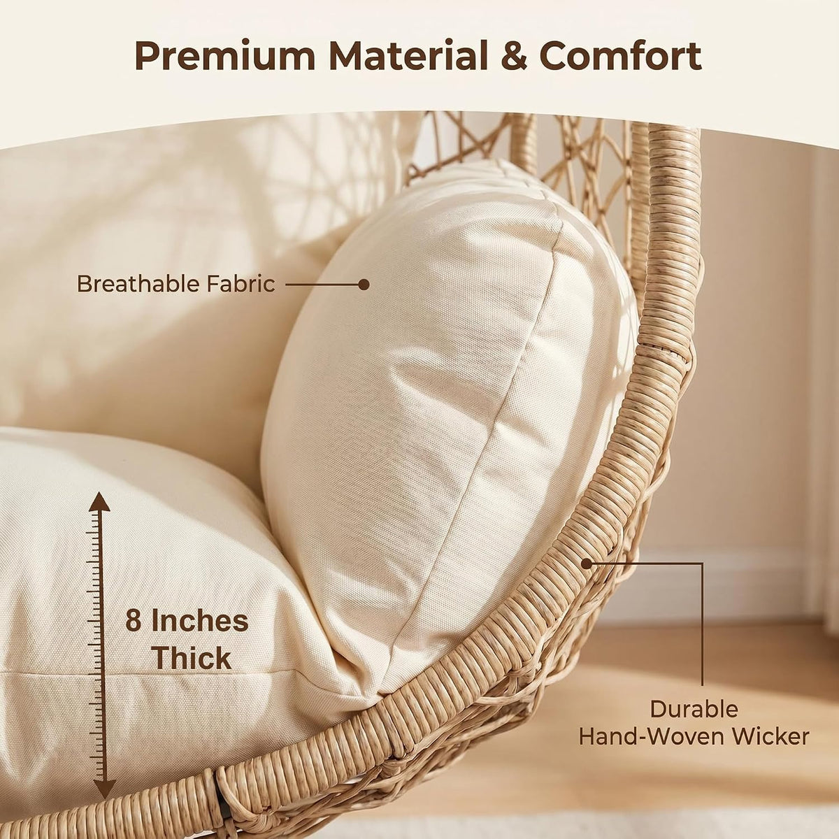 Oversized Hanging Egg Chair Outdoor Indoor, Wicker Swing Egg Chair with Stand 400lbs Capacity for Bedroom, Patio, Garden and Balcony (Beige-nest, Oversize)