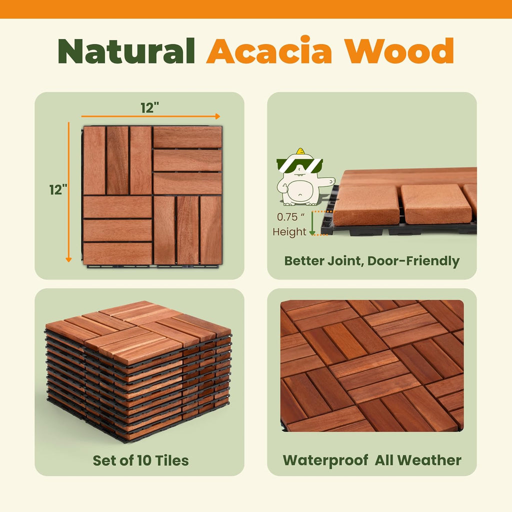 Jurax Interlocking Wood Deck Tiles, 10Pcs Patio Flooring, Red Oak