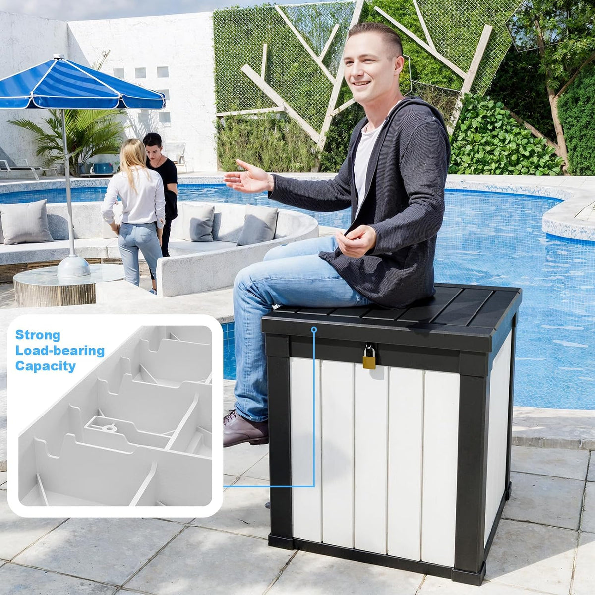 PatioZen 50 Gallon Resin Deck Box, Lockable Outdoor Storage Box for Patio Cushions Storage Furniture,Garden Tools, Pool Supplies, Weatherproof and UV Resistant (Black&White)