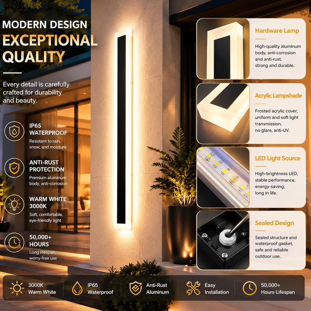 2Pack 31.5inch Long Outdoor LED Wall Light Waterproof IP65 Warm White