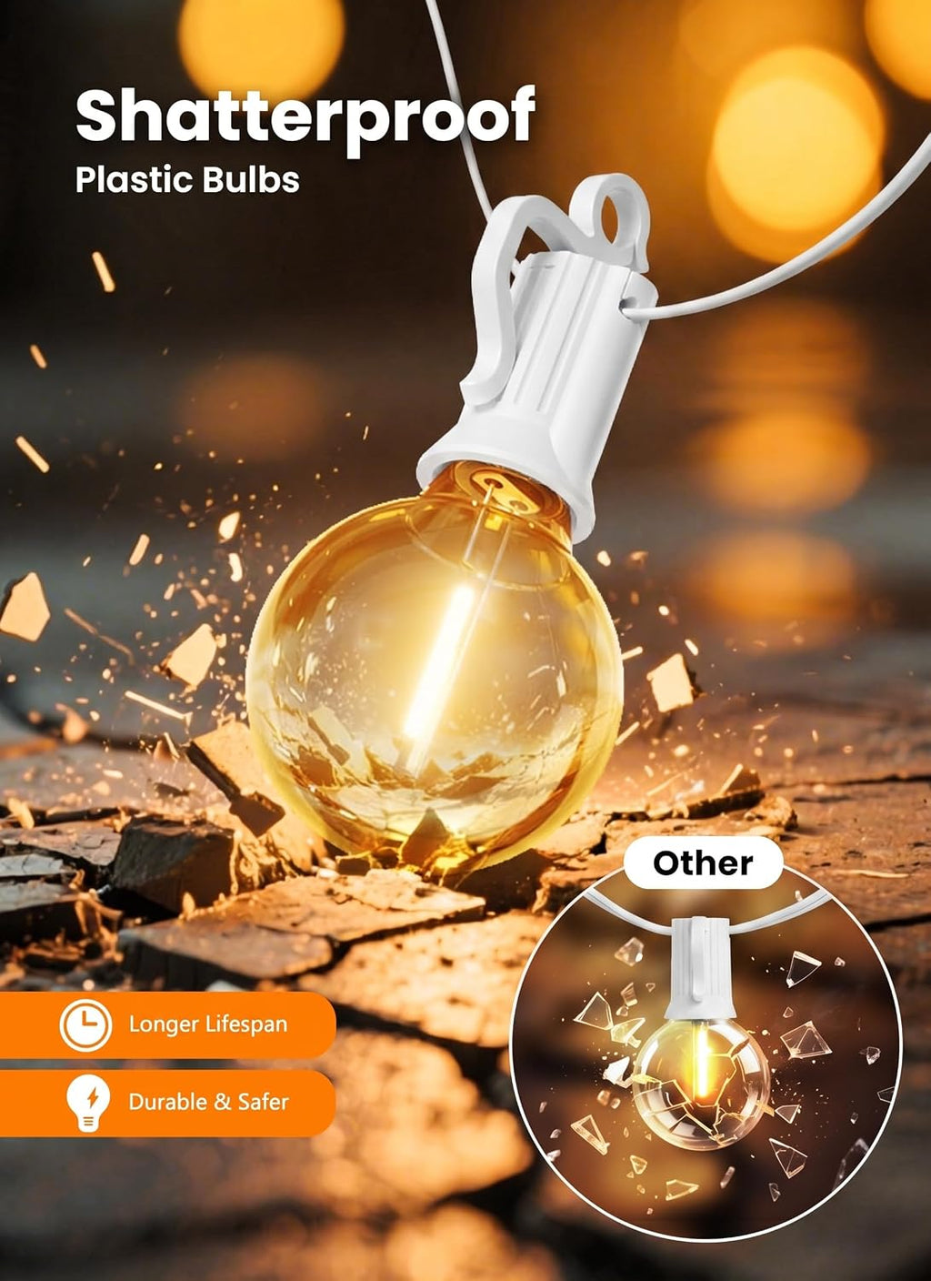 outdoor string lights, 50ft 25 led bulbs ip65 showing dimensions