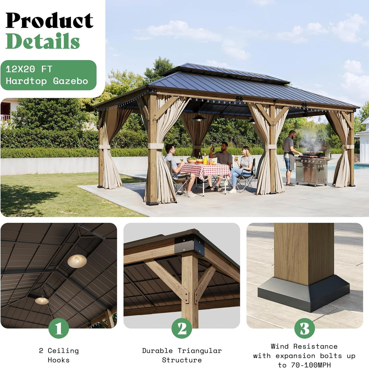 AMERLIFE 12x20FT Hardtop Gazebo with Double Roof, Privacy Curtain & Netting