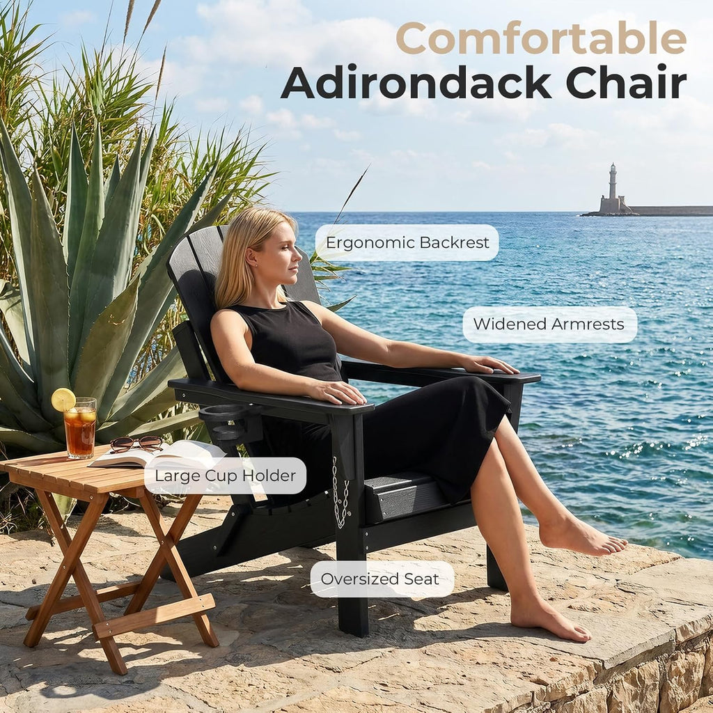 HDPE Folding Adirondack Chair, Outdoor Patio Chair with Cup Holder, Weather Resistant Wood Grain Lawn Chair for Backyard, Garden, Fire Pit, Deck, Black